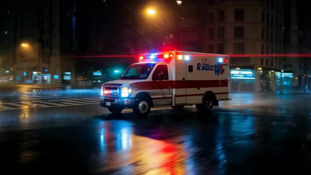 Ambulance driving down street emergency vehicle lights flashing at night during rain in city illuminated road reflections footage