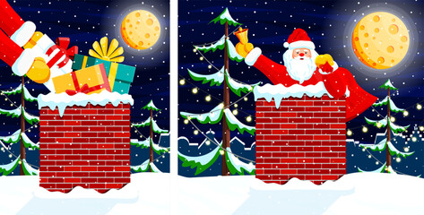 Santa claus in a chimney on christmas eve delivering gifts. New year and Christmas holiday concept. Vector illustration for greeting card, banner.