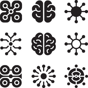 Nine black icons arranged in a grid featuring brains networks and circular designs on a white background