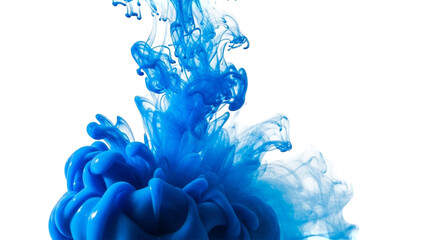 A vibrant blue ink cloud swirling gracefully in clear water, isolated on transparent background, creating a mesmerizing effect