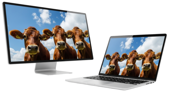 A computer monitor and laptop displaying a group of cows isolated on transparent background
