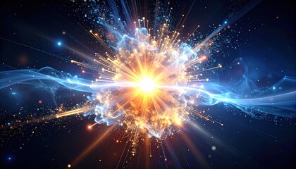 Naklejka premium Explosive cosmic energy burst illuminating the dark space, surrounded by vibrant particles and waves