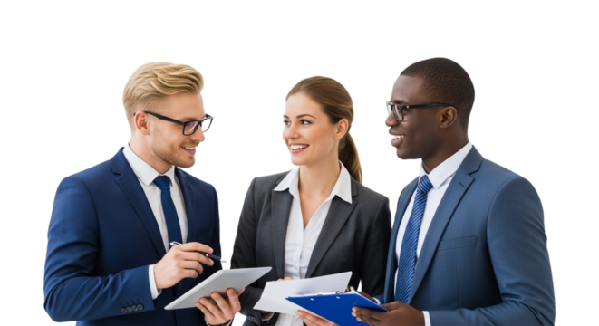 Diverse business team discussing project, showcasing collaboration and teamwork, isolated on transparent background