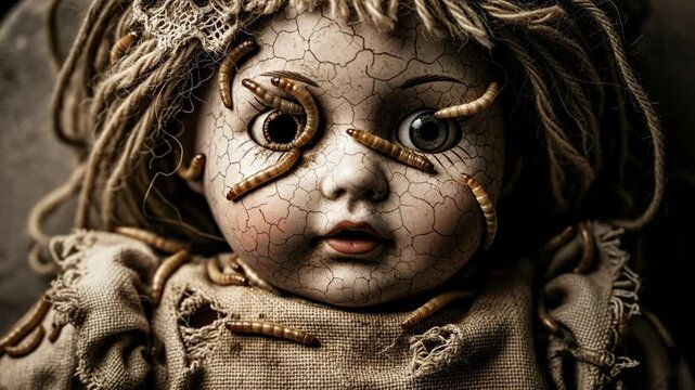 Creepy Doll with Mealworms Close Up - A close-up shot of an old, cracked doll with mealworms crawling on its face and body. The doll has a haunting expression, creating a disturbing atmosphere.