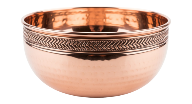 Elegant copper bowl with intricate pattern isolated on transparent background, perfect for serving or decoration purposes