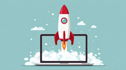 Exciting rocket launch from laptop screen symbolizes new startup business. concept for technology, growth, and future success in space