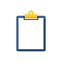 Clipboard with blank white paper and yellow clip.
