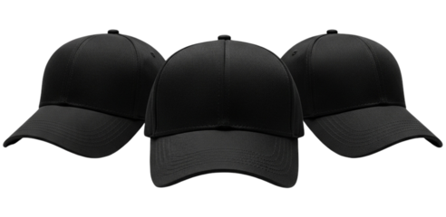 Three black baseball caps arranged in a row, offering a simple and stylish headwear option isolated on transparent background