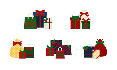 クリスマスギフトの様々な組み合わせのシンプルなイラスト素材セット
