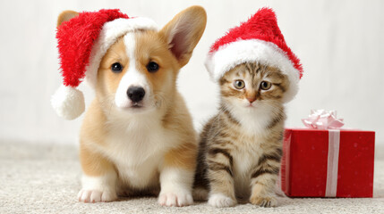 Cute Welsh Corgi puppy and kitten in red Christmas hats sitting together with gift box. Adorable pet friends celebrate holiday season