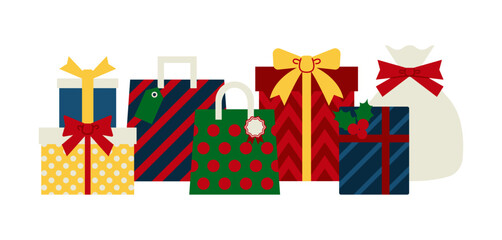 リボンや柊でラッピングされたクリスマスギフトの集まりのイラスト素材