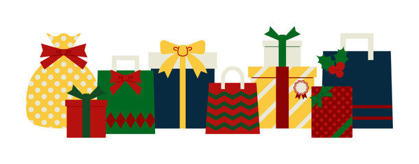 横に並んだたくさんのクリスマスラッピングのギフトのイラスト