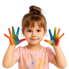 Joyful little girl proudly shows off colorful painted hands, radiating creativity and innocent fun, perfect for educational or creative projects