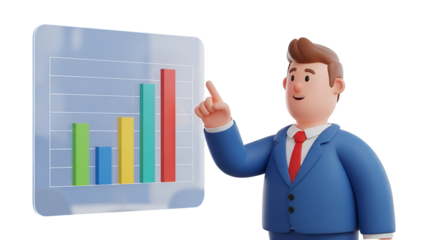 3d icon of cartoon businessman presenting a bar graph isolated on transparent background