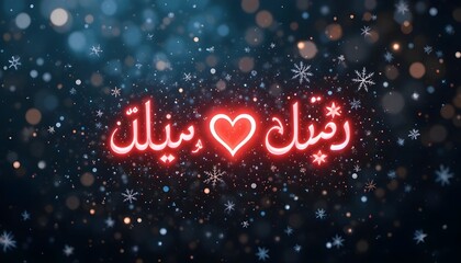 Urdu typography saying ‘محبت کا موسم’ with snowflakes and neon heart glow"