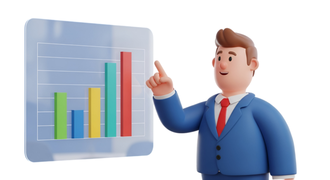 3d icon of cartoon businessman presenting a bar graph isolated on transparent background - Powered by Adobe