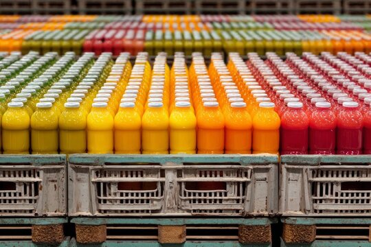 Rows of vibrant fruit juices in bottles on crates showing mass production in a factory - Powered by Adobe