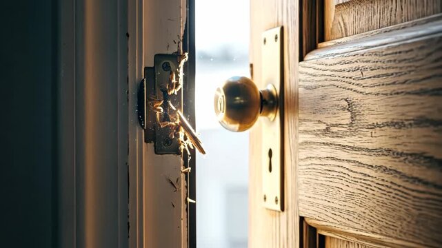 Door Slamming Closeup - Dramatic Scene - A closeup shot of a door handle and lock as if a door has been slammed. The door's wooden frame appears damaged, creating a sense of drama and intensity.