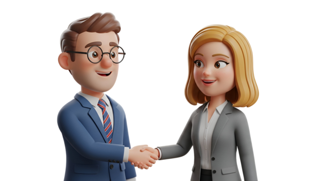 3d icon of business handshake between cartoon man and woman isolated on transparent background, symbolizing partnership and agreement