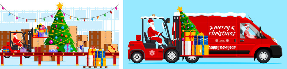 Naklejka premium Santa Claus on a forklift in a warehouse with Christmas gifts and a man driving a red delivery van, festive holiday logistic concept.