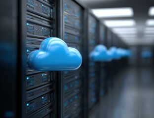 Blue cloud symbols are attached to the server racks in a data center, representing cloud computing.