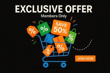 Exclusive offer with SAVE 50% discount for members only, vibrant comic style, engaging retail promo banner.