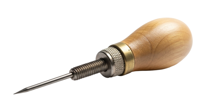 Closeup of a leather awl isolated on transparent background, a tool used for piercing holes in leather for sewing purposes