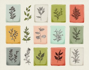 Botanical illustrations of various plants are displayed on colorful tiles, creating a visually.