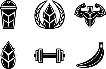 Fototapeta premium fitness, nutrition, gym, icon, set, glyph, workout, healthy, lifestyle, sport, bodybuilding, diet, protein, supplement, muscle, strength, power, energy