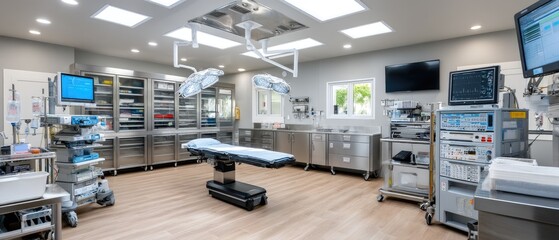 A sterile operating room with a drip IV bag hanging above