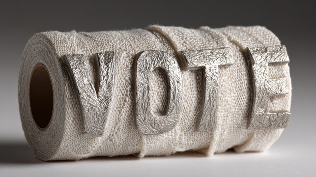 Thought provoking concept of word vote on paper roll. ballot commentary on politics and election with rough plaster texture