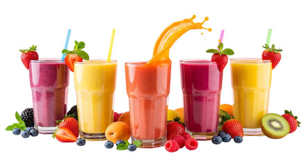 A colorful array of freshly blended fruit smoothies isolated on transparent background, a healthy and refreshing treat