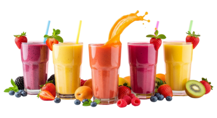 A colorful array of freshly blended fruit smoothies isolated on transparent background, a healthy and refreshing treat