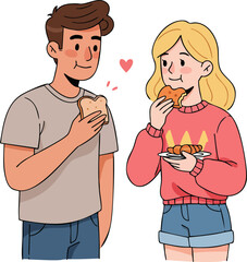 Modern Flat Illustration Young Couple Enjoying Sandwich Snack Together Moment