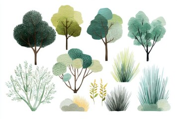 Collection of Various Trees and Bushes with Different Shapes and Foliage