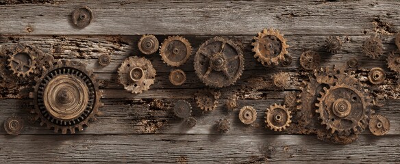 Collection of Various Old Wooden Gears and Cogs Arranged on Rustic Wooden