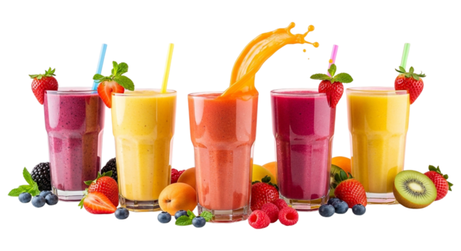 A colorful array of freshly blended fruit smoothies isolated on transparent background, a healthy and refreshing treat
