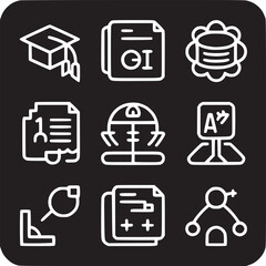 A black icon set featuring education and science elements in a square format with rounded corners