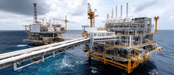 Three large offshore structures rise from the ocean, showcasing the complex design and technology used in energy extraction at sea