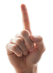 A hand pointing up with index finger isolated on transparent background for attention, direction, or number one concept
