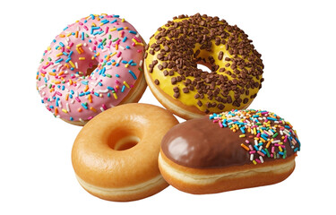 Delicious donuts isolated on transparent background, a sweet treat for any occasion, perfect for breakfast or dessert