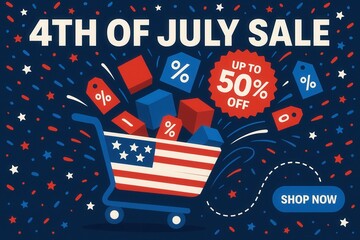 4TH OF JULY SALE with UP TO 50% OFF discount offer, vibrant festive style, eye-catching retail sale promotion.