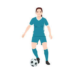 Female soccer player in teal uniform, standing with a football at her feet on the field. Flat vector illustration isolated on white background