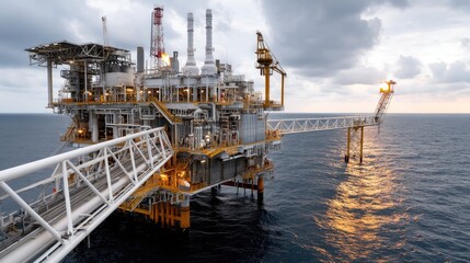 Fototapeta premium Three large offshore structures rise from the ocean, showcasing the complex design and technology used in energy extraction at sea