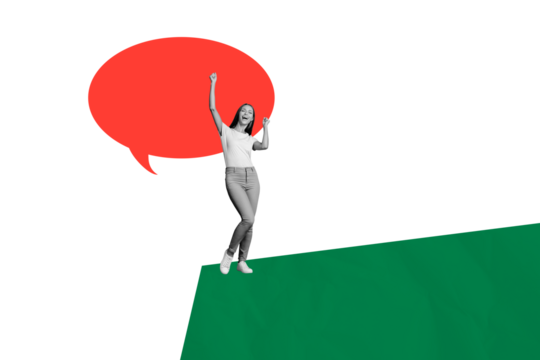 Composite photo collage of happy girl dance communication concept text box speech bubble conversation isolated on painted background