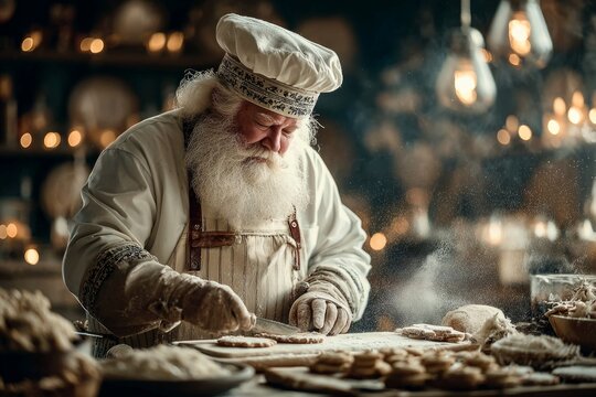 Santa claus baking and preparing sweet gingerbread cookies for christmas celebration