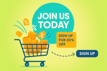 Promotional banner with JOIN US TODAY and SIGN UP FOR 20% OFF offer, bright playful style, engaging retail discount promotion.