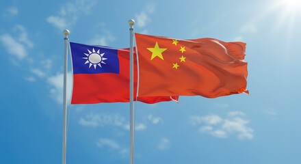 Taiwan and China Flags together on a Cloudy Blue Sky Background International Relations Politics and Cultural Diversity