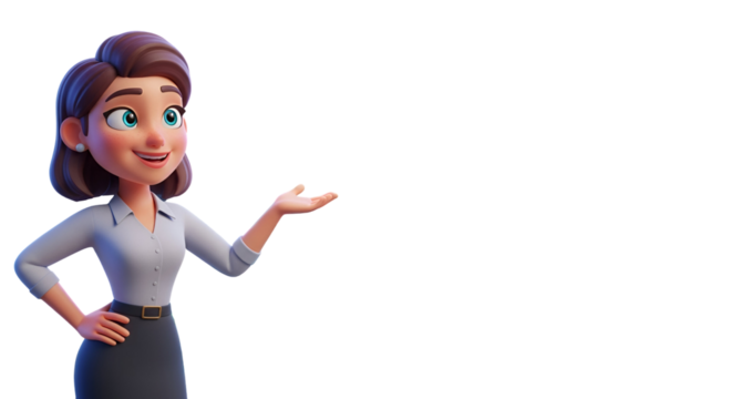 3d icon of cartoon businesswoman presenting something isolated on transparent background a friendly woman in a skirt is smiling