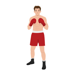 Male boxer wearing red shorts and boxing gloves, standing in fighting stance ready for competition. Flat vector illustration isolated on white background